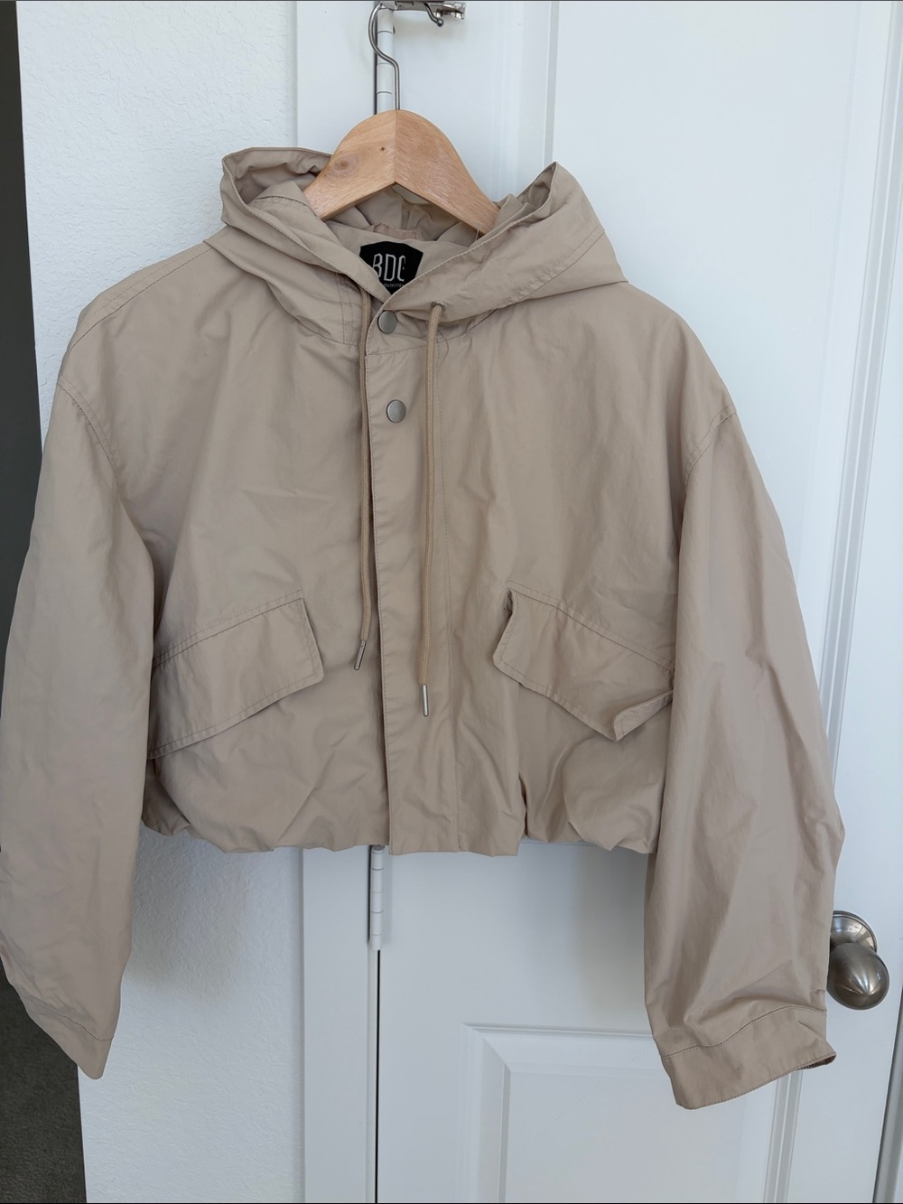 BDG Hooded Cropped Bomber Jacket in Beige
